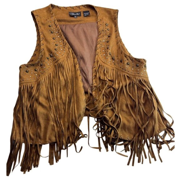 Miss Me Women's Beige Sleeveless Faux Leather Fringe Vest Top - Picture 2 of 4